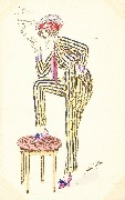 Femme fumant en pyjama rayé jaune avec un pied sur un tabouret