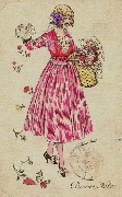 Femme semant des fleurs avec corbeille