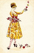 Femme en robe jaune avec bouquet de rose présentant une fleur à un papillon
