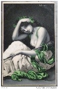 Jeune femme assise en robe blanche, gros ruban vert et canne ? à gros pommeau 