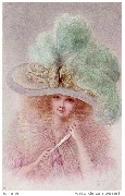 Femme à l'éventail, au grand chapeau orné de plumes d'autruche vertes