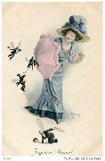 Femme repoussant des hommes-mouches avec son parapluie