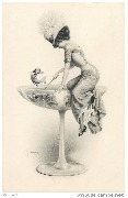 Femme sur une coupe de champagne géante, jouant avec des hommes-poissons