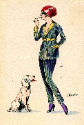 Femme en pyjama allume une cigarette avec chien blanc