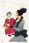 Femme en gris portant un enfant au vêtement rouge