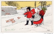 JoyeuxNoël ! (trois enfants regardent des petits cochons courant dans la neige)