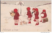 Heureuse Année (5 enfants en rouge portant des cadeaux)