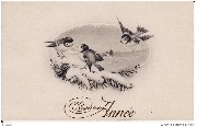 Bonne Année(trois oiseaux dans un médaillon,paysage enneigé)