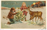 Joyeux Noël (Dans la neige autour du sapin allumé 2 enfants, un daim et une biche)