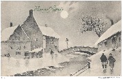 Bonne Année (maisons dans la neige au bord d'une rivière enjambée par un pont)