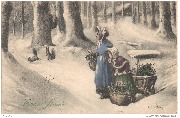 Bonne Année ( dans un bois enneigé,une femme et sa fille ramenant du houx observent des écureuils)