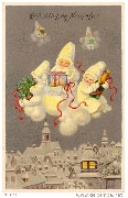 Glückliches Neujahr ! (3 enfants sur un nuage apportant houx, cochon porte-bonheur et champagne)