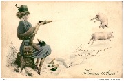 Heureuse Année (femme tirant sur des cochon avec des bouchons de champagne)