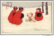 Heureuse Année (3 enfants en rouge avec manchons noirs et cochon avec porcelets)