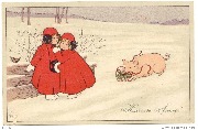 Heureuse Année (2 enfants en rouge avec manchons noirs et cochon )