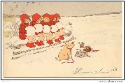 Heureuse Année (5 enfants en rouge sur un banc enneigé regardant cochon)