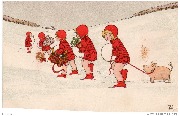 Heureuse Année (5 enfants en rouge avant manchon blanc, dans la neige la dernière tirant un cochon)