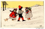 Heureuse Année! (un garçon et deux filles dans la neige avec du gui et 2 cochons porte-bonheur)