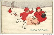 Fröhliche Weihnachten (3 enfants en rouge courent avec la truie porte-bonheur)