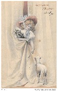 Joyeuses Pâques (une jeune fille tenant des fleurs apparait au milieu de 2 rideaux blancs, devant, un mouton)