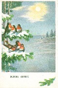 (Bonne Année- six oiseaux sur une branche de sapin enneigée)