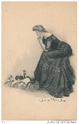 Femme en noir regardant une chatte couchée avec ses chatons 