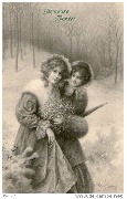Heureuse Année !(2 femmes emmitoufflées avancant dans la neige, portant du gui)