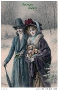 Heureuse Année! (couple avancant dans la neige, portant du gui et 2 chiots)