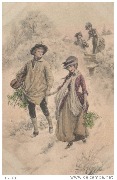 Deux couples avec du houx se suivent sur un sentier enneigé