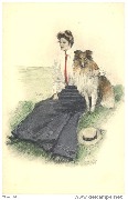 Femme en chemisier blanc avec un chien collie