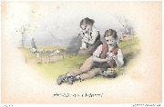 Fröhliche Ostern! (Petite fille avec un lapin, garçon tenant un oeuf, au fond berger avec ses moutons)