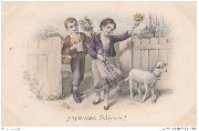 Joyeuses Pâques! (Petite fille et petit garçon tenant des bouquets rentrent chez eux avec un agneau)