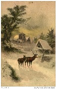 Waldesfrieden. (cerf et biche dans la neige devant un village)