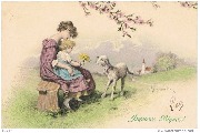 Joyeuses Pâques !(jeune femme avec un enfant sur les genoux et un agneau)