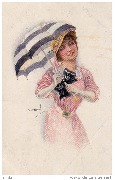 Jeune femme à l'ombrelle bleue à bandes blanches