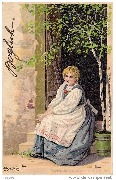 Jeune fille assise sur le pas d'une porte