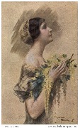 (Femme de profil tenant un bouquet de fleurs)