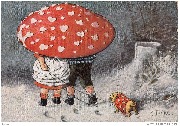 (2 enfants marchant dans la neige abrités par un grand chapeau de champignon)