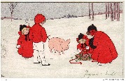 Joyeux Noël ! (4 enfants en rouge préparent un panier devant un cochon porte-bonheur)