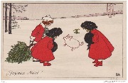 Joyeux Noël ! (un garçon trainant un sapin et 2 fillettes en rouge regardent le dessin d'un cochon dans la neige)
