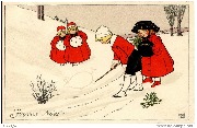 Joyeux Noël ! (3 fillettes en rouge regardent un garçon dessiner un cochon dans la neige)