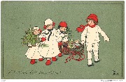 Fröhliche Weihnachten ! (3 fillettes et un garçon transportent un panier plein de jouets)