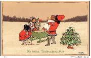 Die besten Weihnachtsgrüsse ! (enfants autour d'une luge avec un sapin de Noël dans la neige)