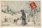 Joyeux Noël !(une biche s'approche d'une dame avec sa fille sous la neige)