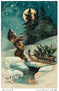 Heureux Noël (sous un ciel étoilé  un enfant tire sur la neige une luge chargée d'un sapin)