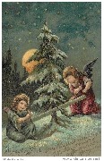 Joyeux Noël (sous un ciel étoilé 2 angelots scient un sapin)
