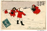 Heureuse Année ! (un garçon appelle 3 fillettes en rouge pour leur montrer un cochon dessiné dans la neige)