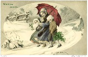 Heureuse Année! (une jeune femme et 2 enfants sous un parapluie dans la neige)