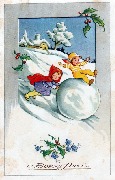 Bonne Année (une fille et un garçon jouent avec une grosse boule de neige)
