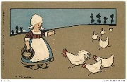 (une Hollandaise donne du grain à des poules qui accourent)